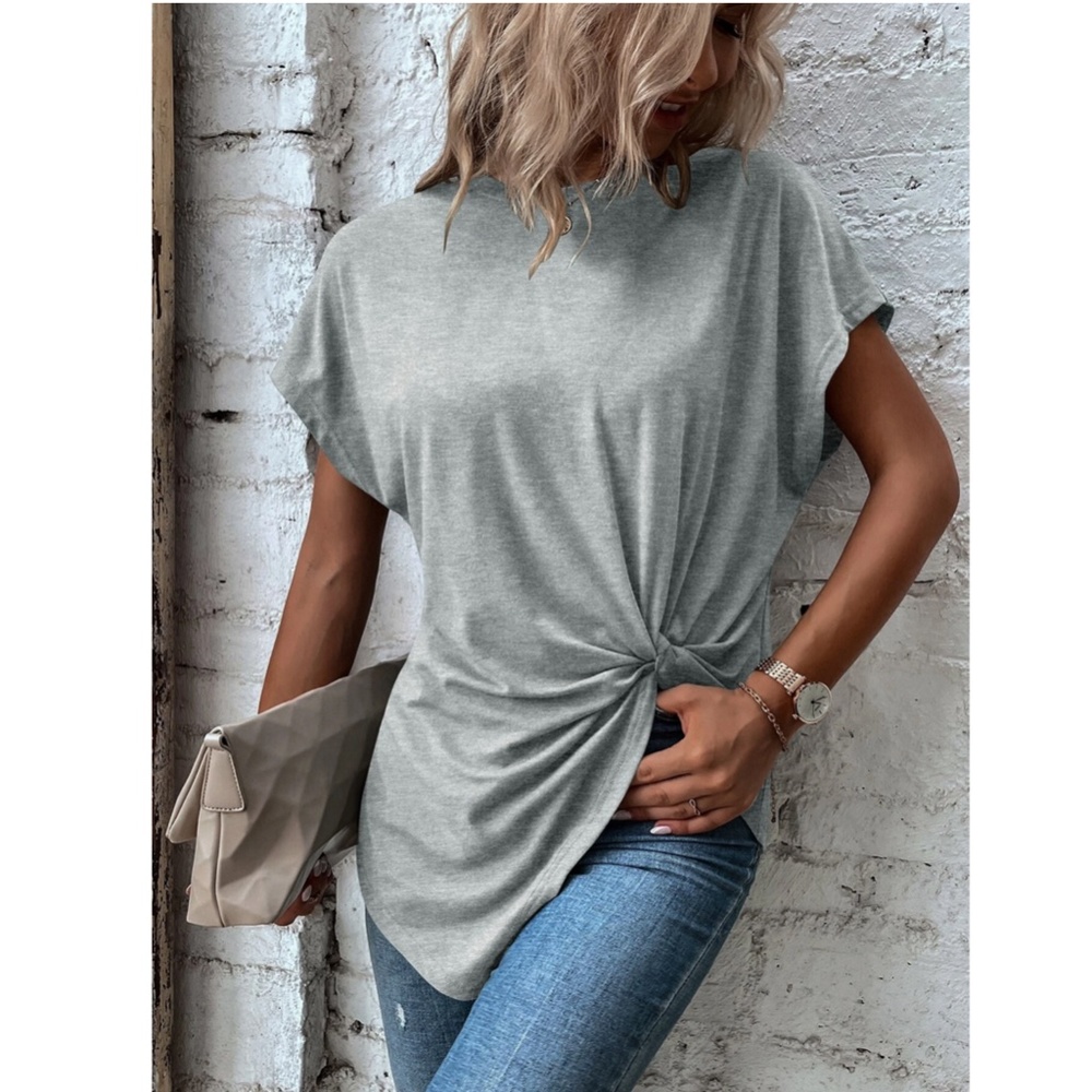 Twist Detail Grey Tee Shirt Short Sleeve Round Neck - Picture 6 of 12